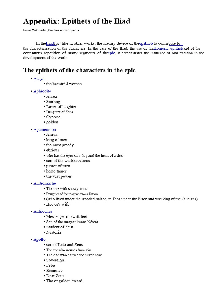 Annex Wikipedia Epithets of The Iliad | PDF | Hector | Iliad