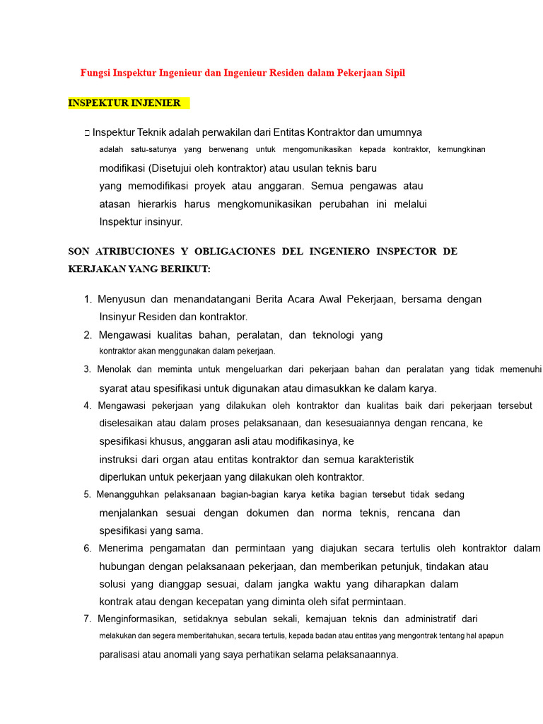Peran Inspektur dan Ingenieur Residen Sipil | PDF