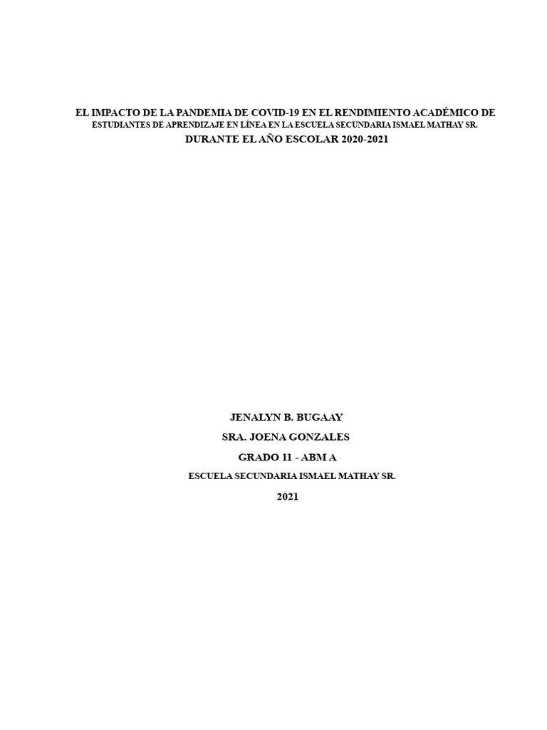 Durante El Año Escolar 2020-2021: El Impacto de La Pandemia de Covid-19 ...