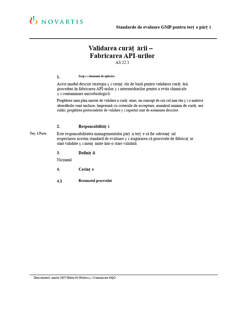 Curățare Validare SOP Novartis PDF | PDF