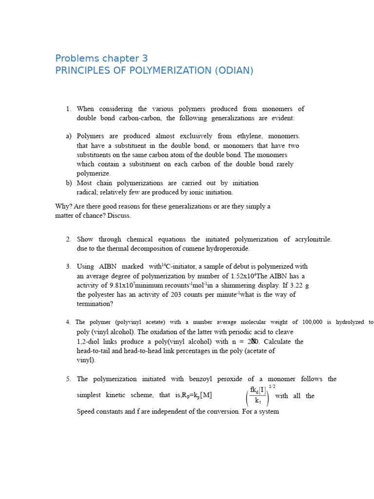 Problems Chapter 3 Polymers | PDF | Polymerization | Polymers