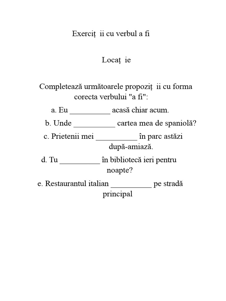 Exerciții Cu Verbul A Fi | PDF