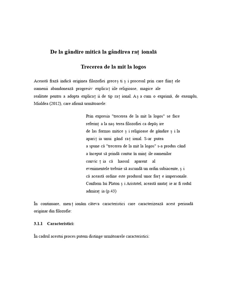 De La Gândirea Mitică La Gândirea Rațională | PDF