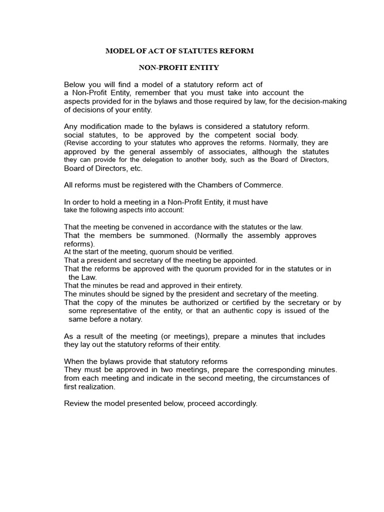 Non-Profit Statutory Reform Model | PDF | Board Of Directors | Quorum