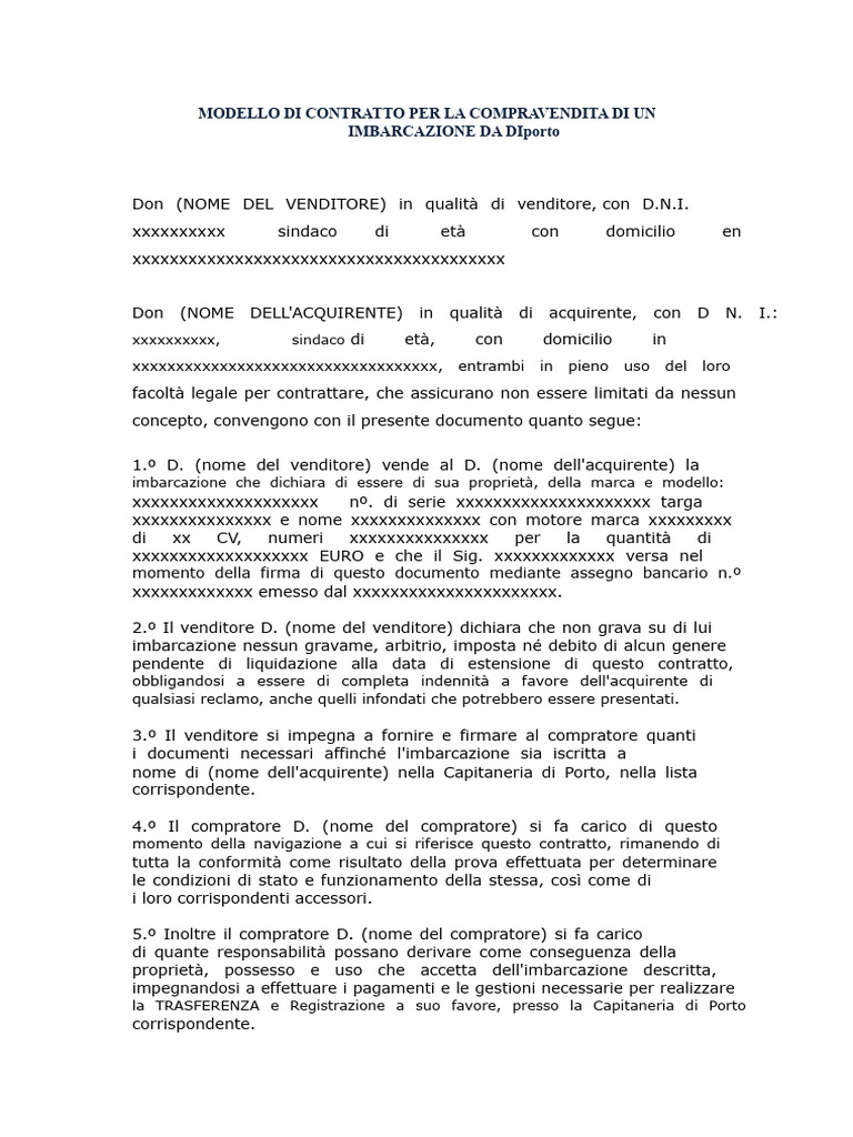 Modello Di Contratto Di Compravendita Di Imbarcazione | PDF