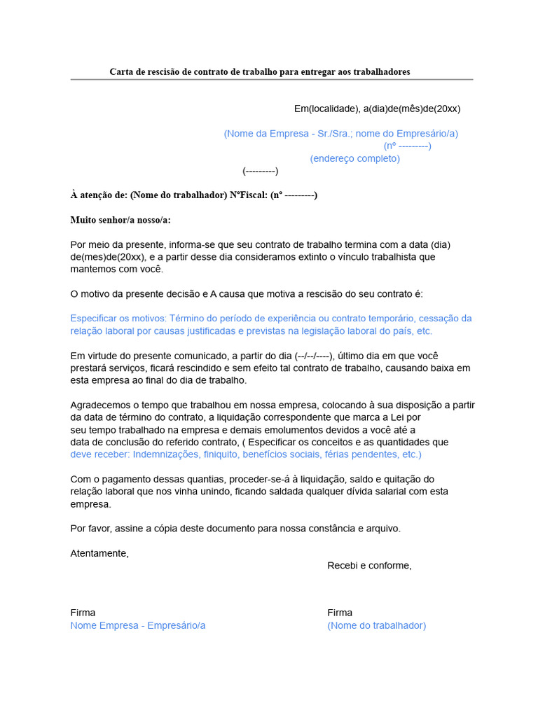 Carta De Rescisão De Contrato De Trabalho Pdf 