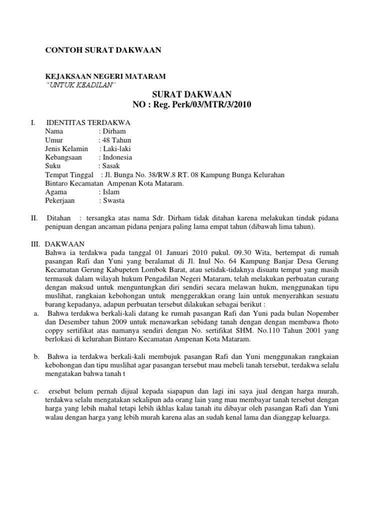 Contoh Surat Dakwaan Pencurian 081353808881 081338989898 email.