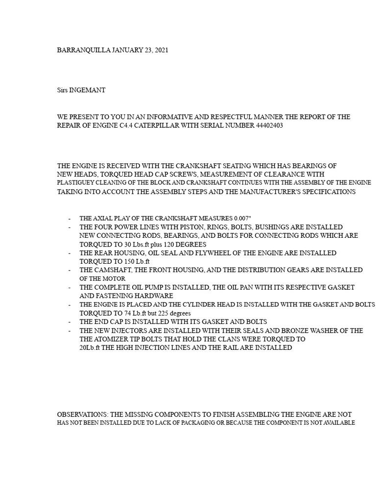 Report On The Assembly of The C4.4 Engine. | PDF
