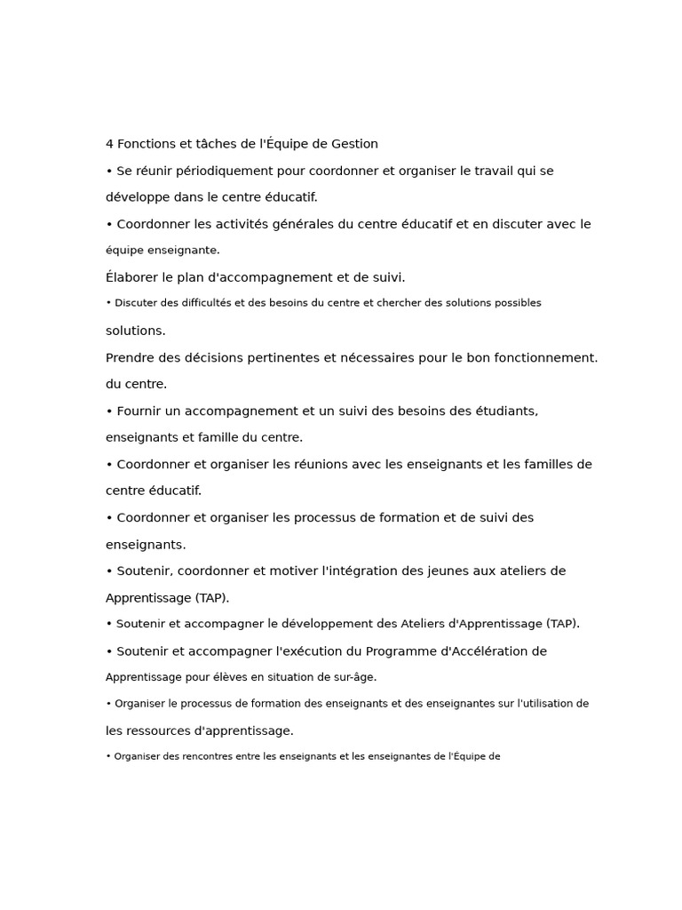 Fonctions de l'Équipe de Gestion Éducative | PDF | Pédagogie ...