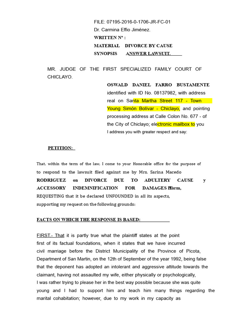 Divorce Response: Adultery Claims Defense | PDF | Divorce | Damages