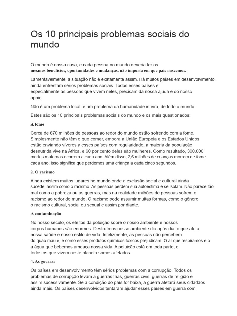Os 10 Principais Problemas Sociais do Mundo | PDF | Pobreza | Pobreza e ...
