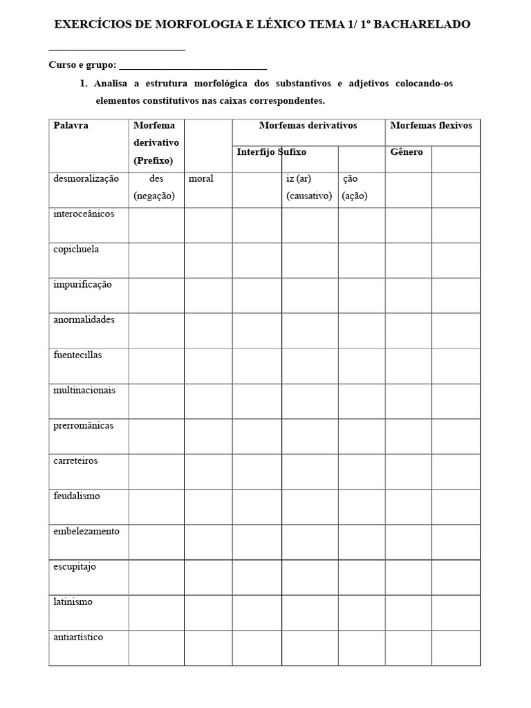 Exercícios de Morfologia e Léxico para 1º Bacharelado | PDF | Famílias ...