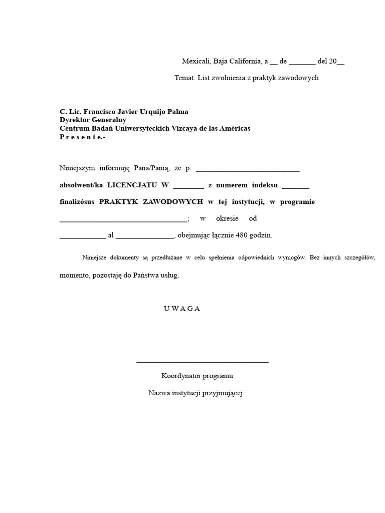 5 Format Listu Zwolnienia Z Praktyk Zawodowych | PDF