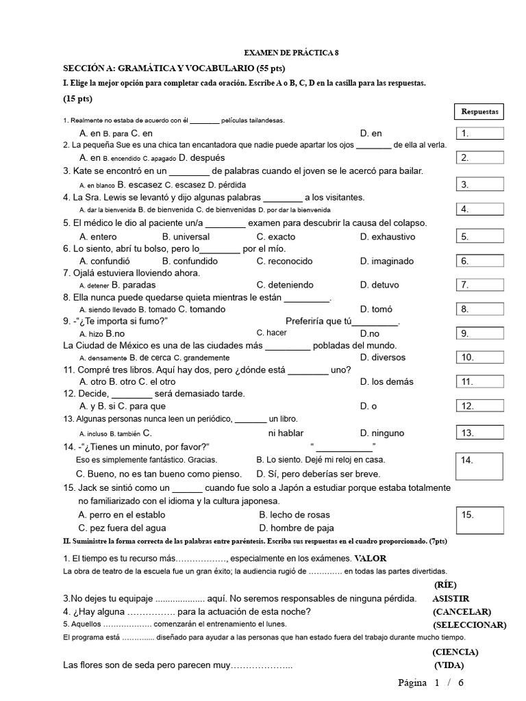Examen de Práctica de Gramática y Vocabulario | PDF