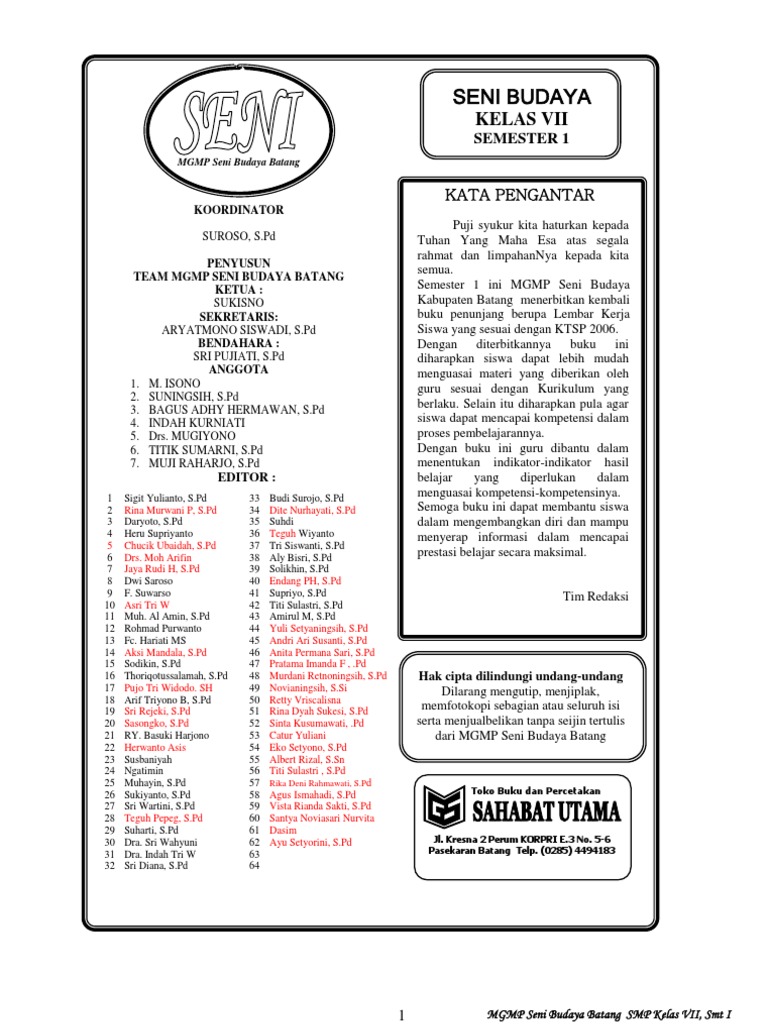 Buku Ajar Seni Budaya Kelas 7 SMT 1MGMP Kab Batang Semester 1