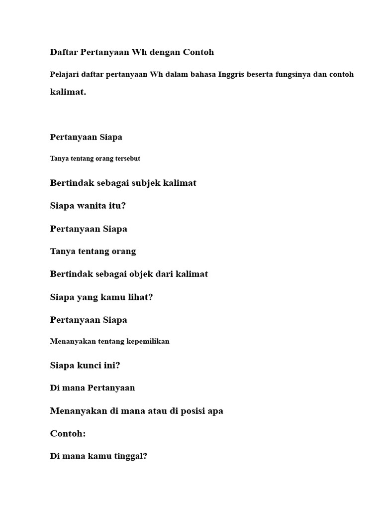 Daftar Pertanyaan Wh dalam Bahasa Inggris | PDF
