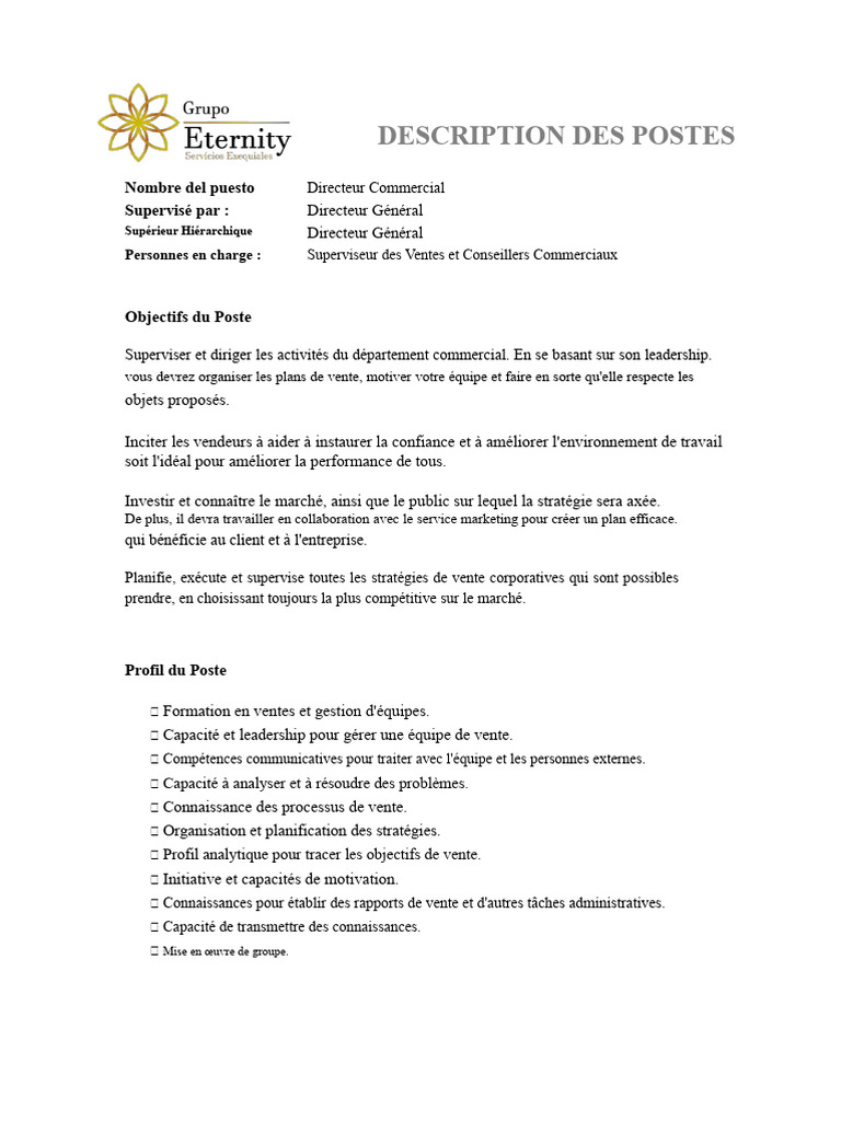 Description du Poste de Superviseur Commercial | PDF | Sodles ...