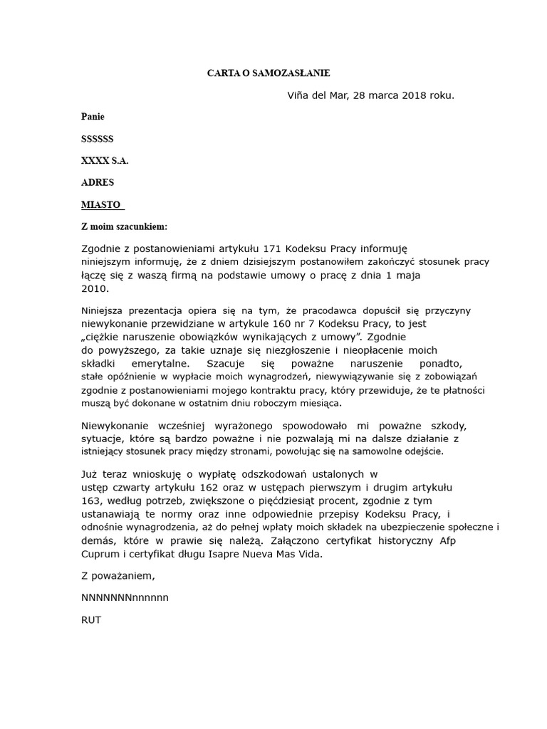 Format Listu o Samo-Zwolnieniu | PDF