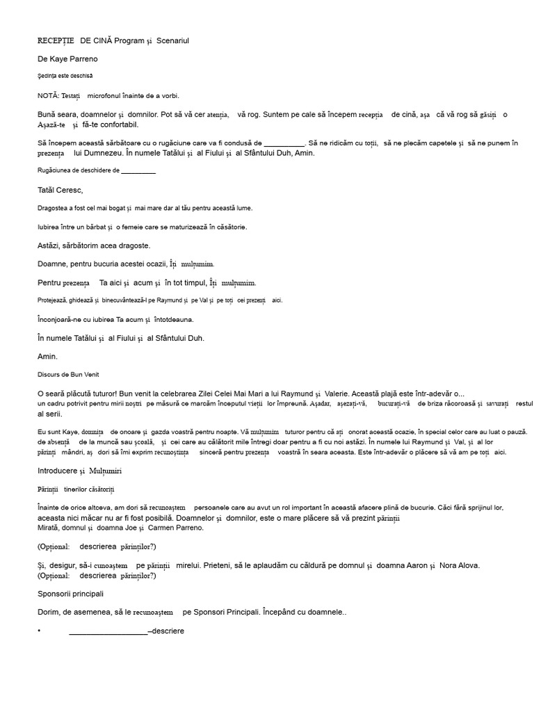 RECEPȚIE LA CINĂ Program/Scris | PDF