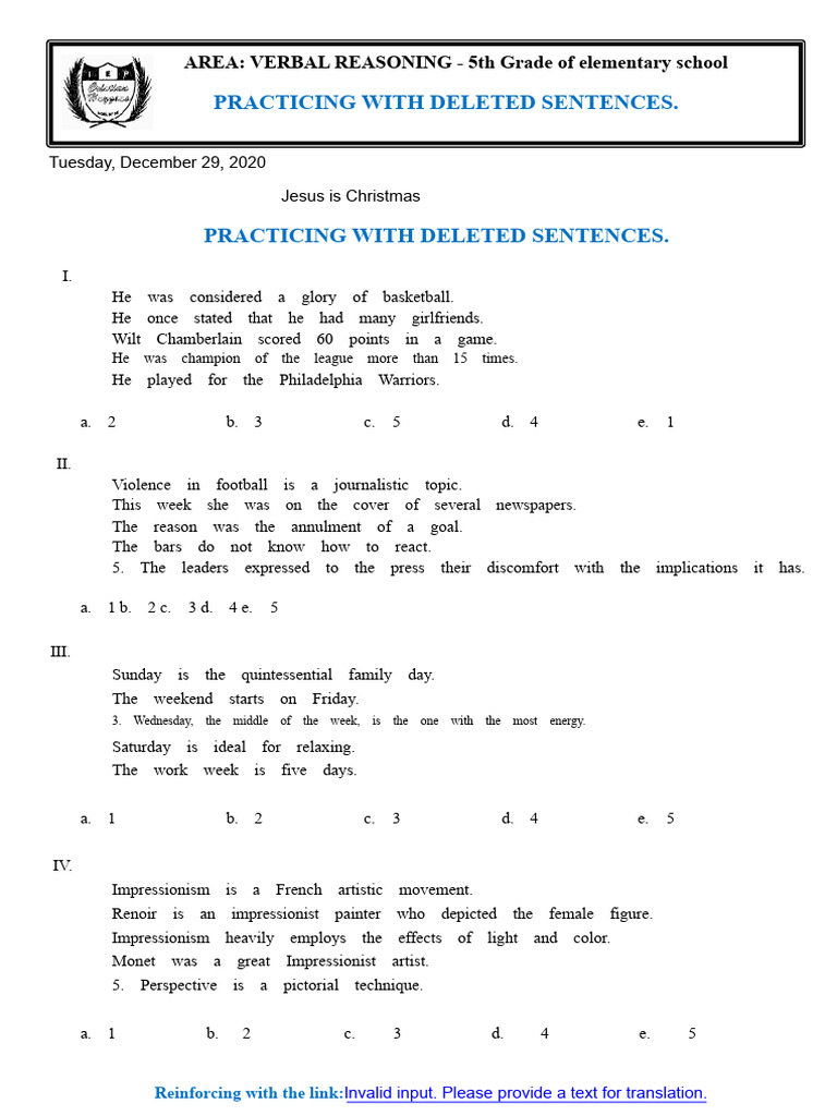 R.V. 5TH Grade Practicing With Deleted Sentences 29-12 | PDF ...