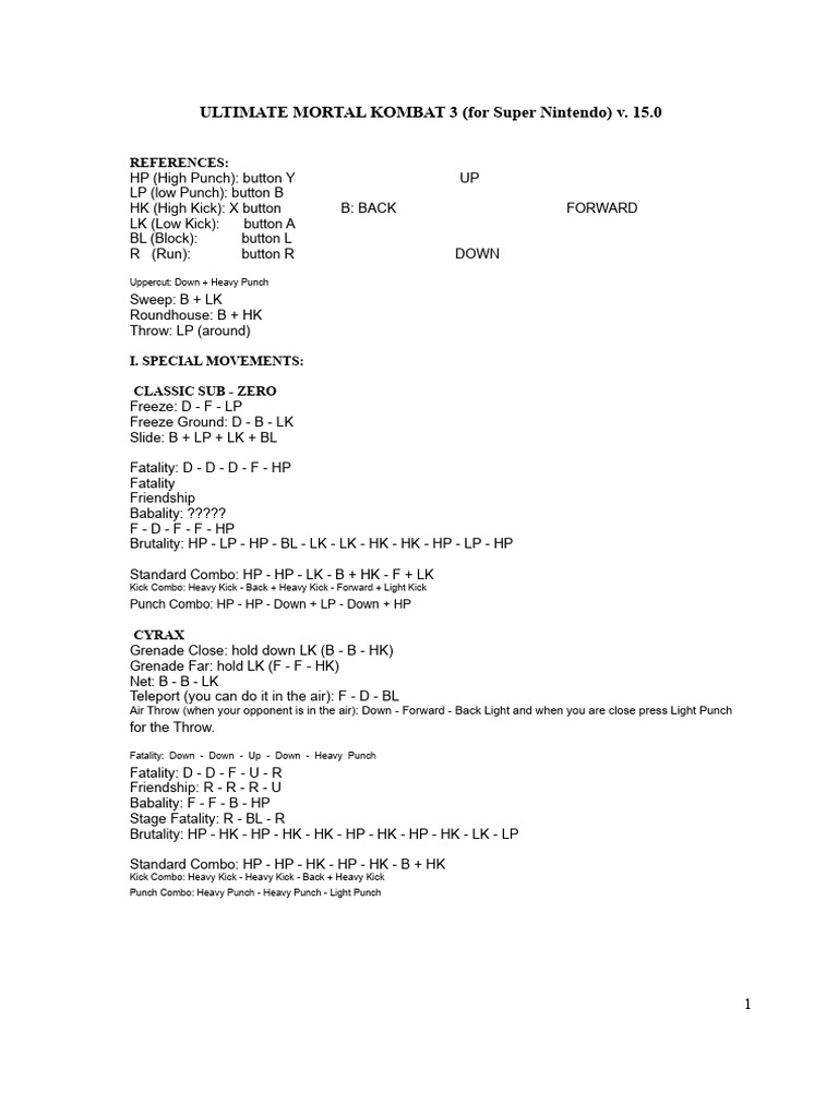 Ultimate Mortal Kombat 3 SNES Moves Guide PDF