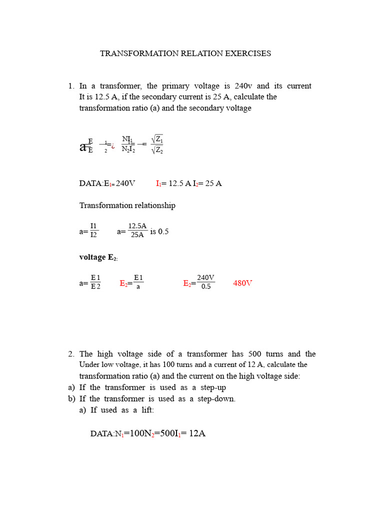 Transformer Transformation Ratio Exercises | PDF