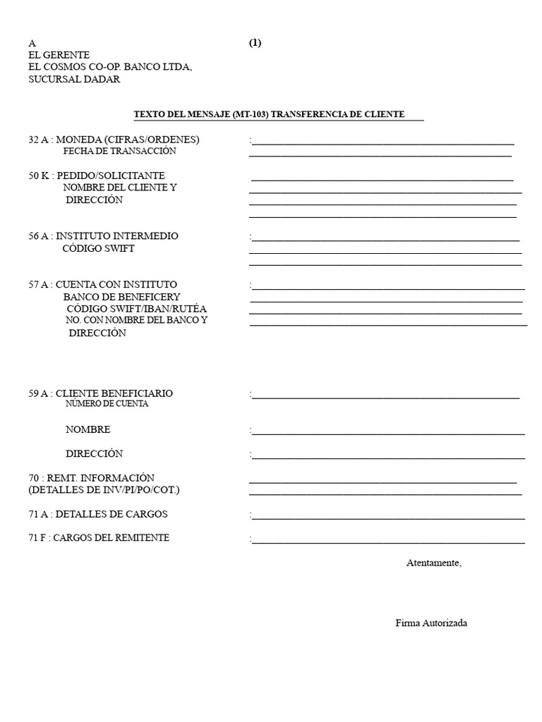 MT103 Nuevo | PDF | Transferencia bancaria | Industrias de servicio