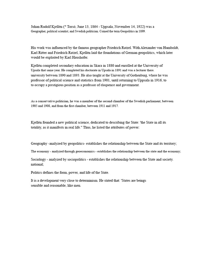 Johan Rudolf Kjellén: Geopolitics Pioneer | PDF