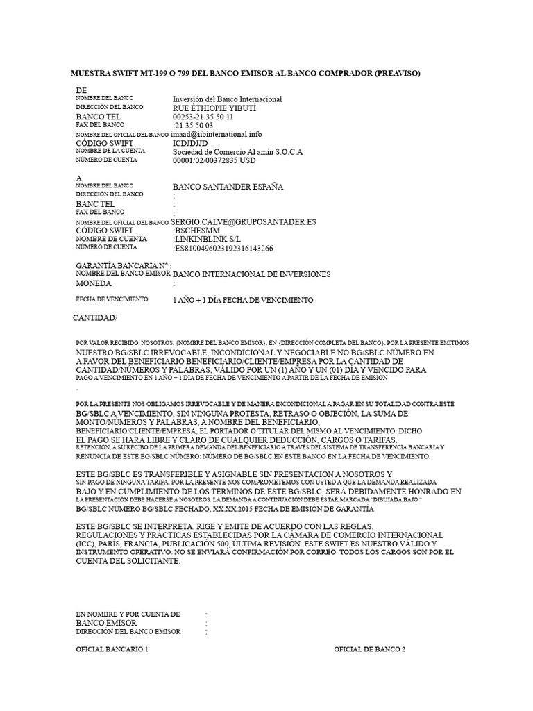 Muestra Swift MT-199 o 799 Del Banco Emisor Al Banco Comprador | PDF ...