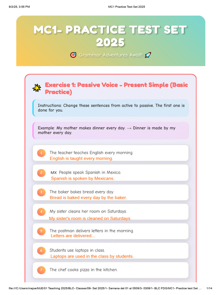 MC1 Passive Voice Practice Test 2025 | PDF | Linguistics