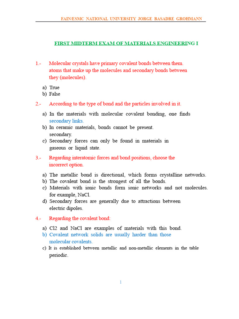 Materials Engineering Midterm Exam Guide | PDF | Chemical Bond | Molecules