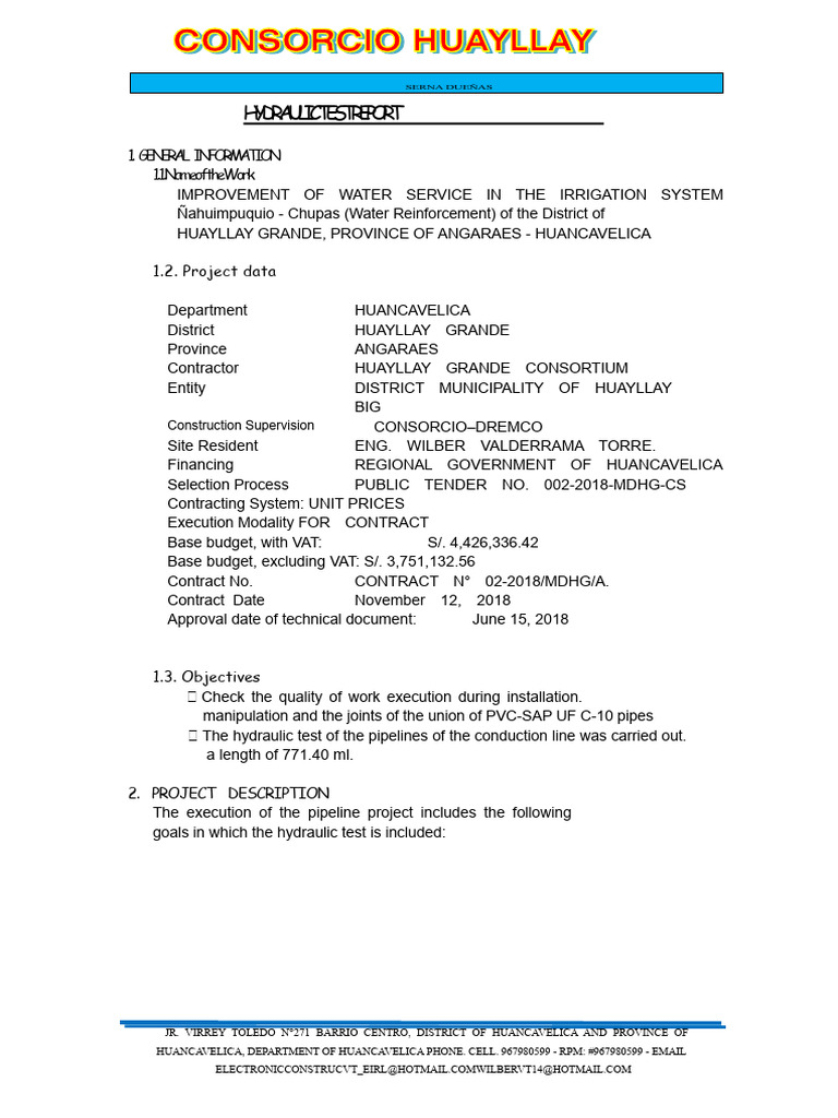 Hydraulic Test Report Huayllay Dam | PDF | Pipe (Fluid Conveyance ...