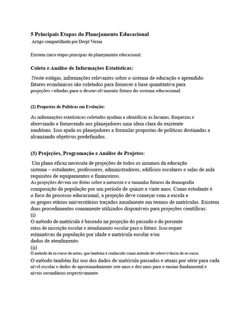 5 Etapas do Planejamento Educacional | PDF | Planejamento | Estatísticas