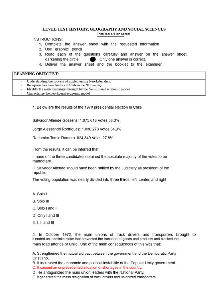 Diagnostic Test History 3rd Year High School | PDF | Political Science ...