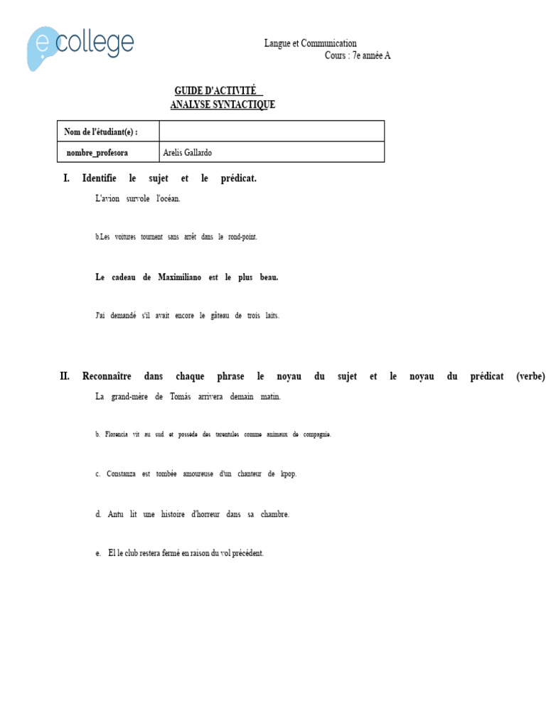 Analyse syntaxique en 7e année A | PDF | Sujet (Grammaire) | Prédicat ...