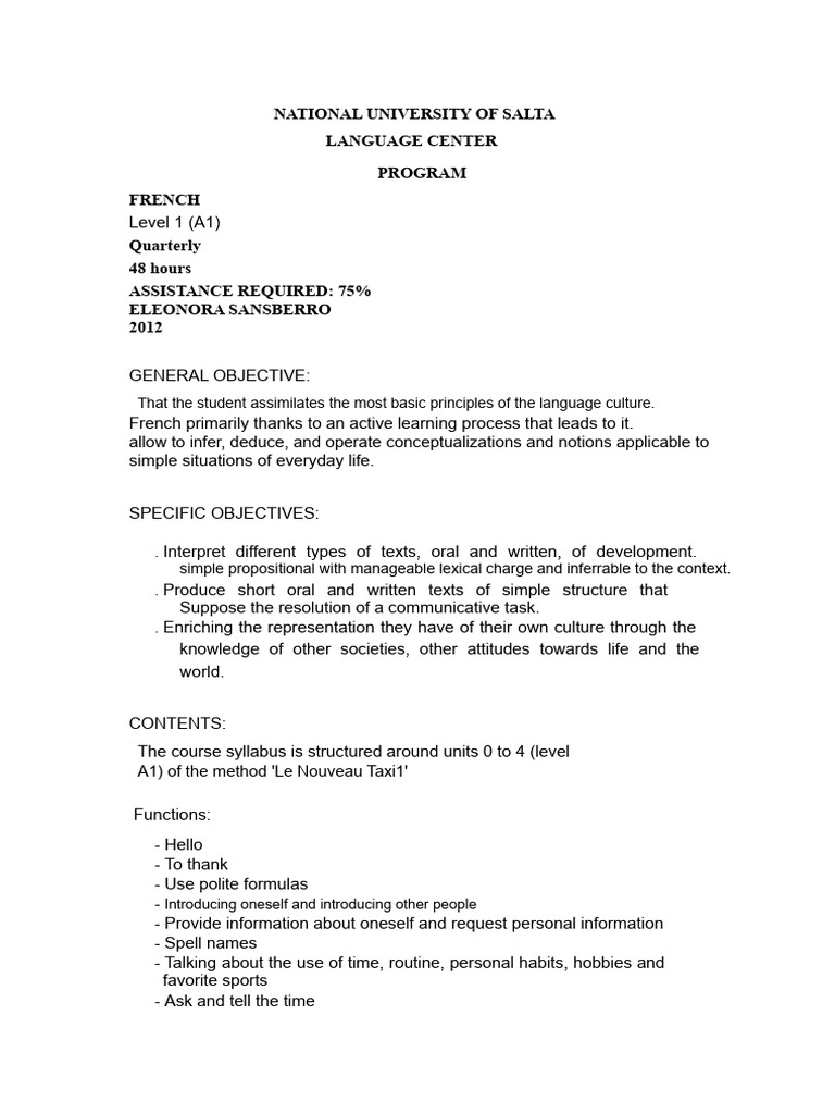 French A1 Course Overview at NUS | PDF | Pronoun | Verb