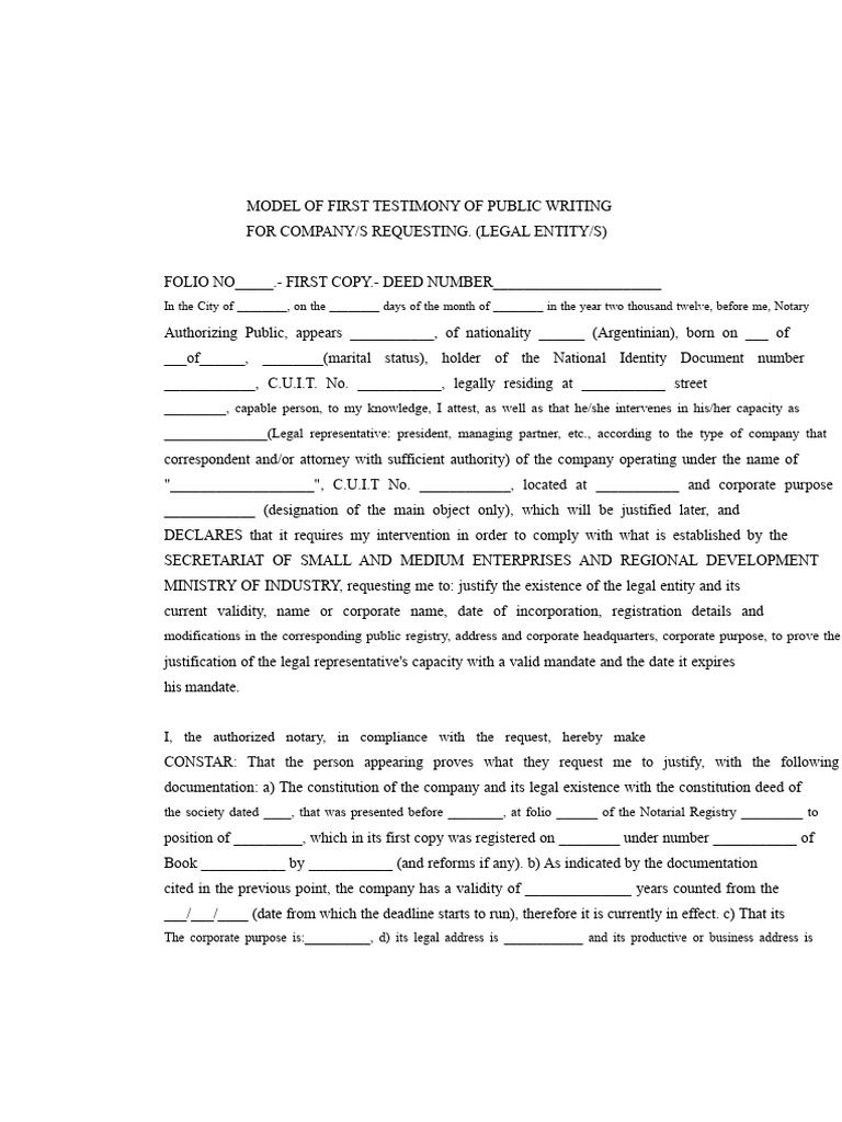Notarial Testimony Model for Companies | PDF | Notary Public | Deed