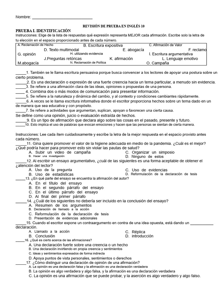 Prueba de Identificación en Inglés 10 | PDF | Ensayos