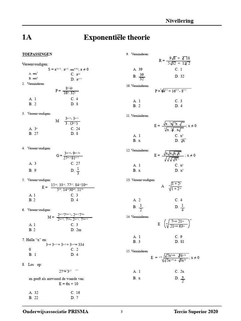 Alg - Niveau 1 Oefeningen Theorie Van Exponenten | PDF