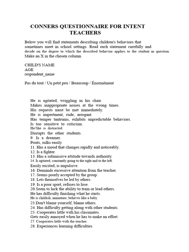 Conners Teacher Questionnaire Guide | PDF