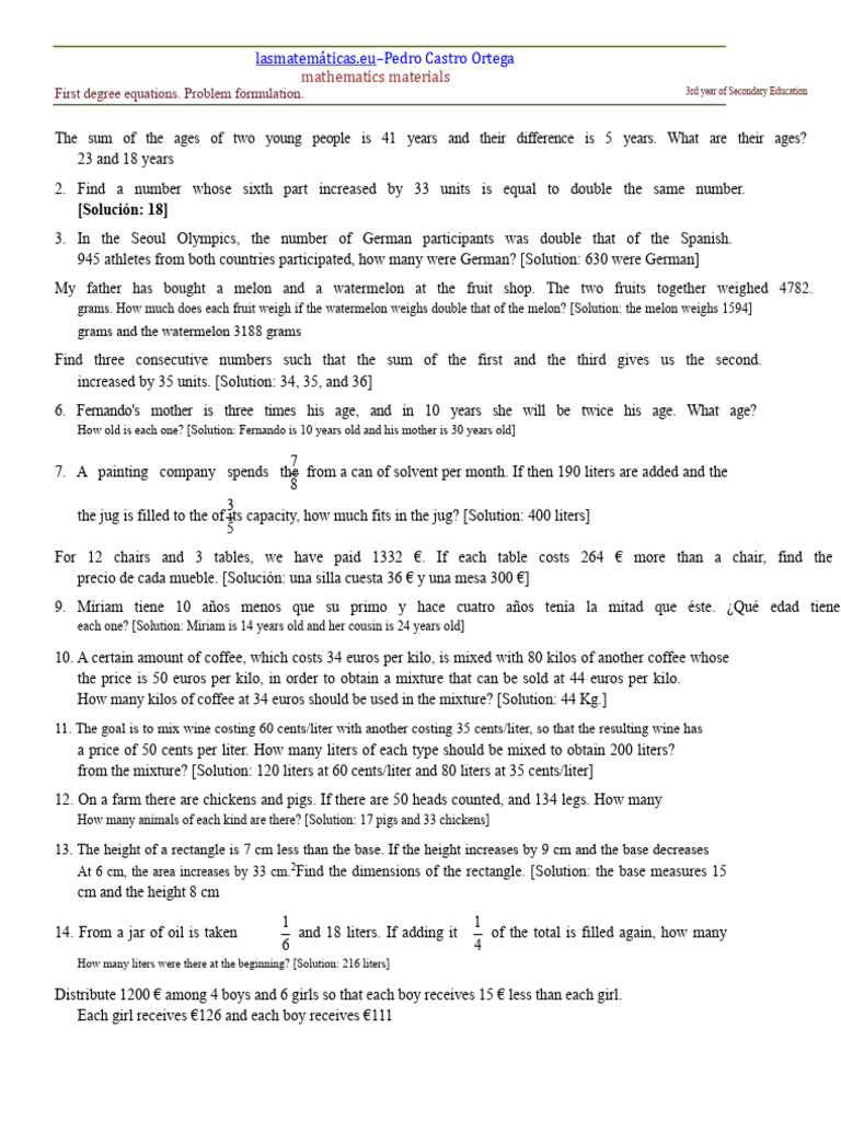 Problems With First Degree Equations Pdf