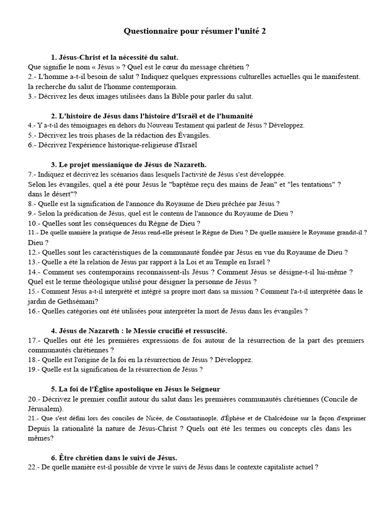 Questionnaire sur Jésus et le salut chrétien | PDF | Jésus | Royauté et ...