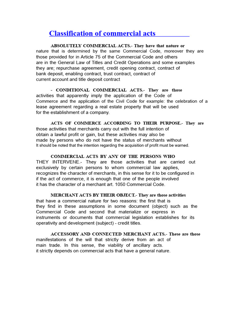 Classification of Commercial Acts | PDF | Civil Law (Legal System ...