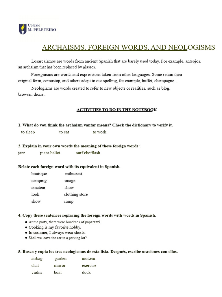 Archaisms, Foreign Words, and Neologisms 6th Grade | PDF | Lexicology ...