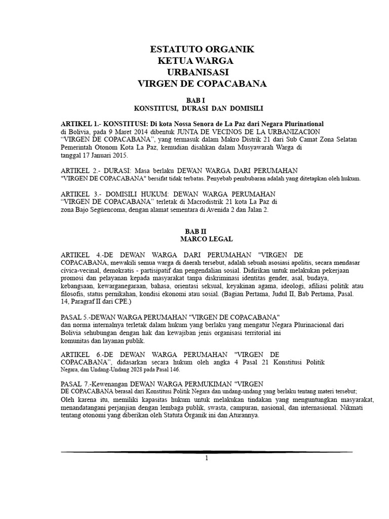 Statuta Dewan Warga Virgen de Copacabana | PDF