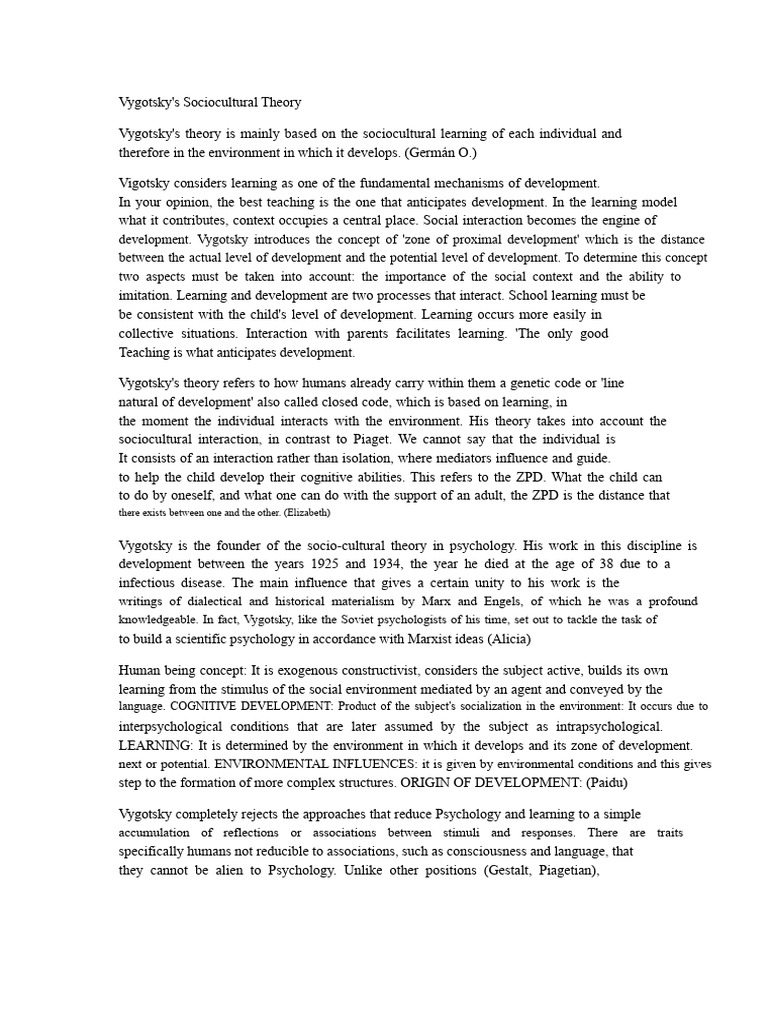 Vygotsky's Sociocultural Learning Theory | PDF | Constructivism ...