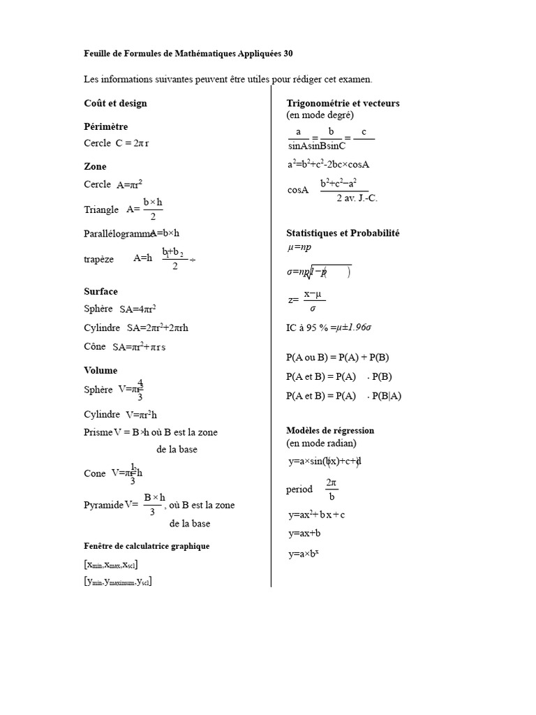 Formules de Mathématiques Appliquées | PDF