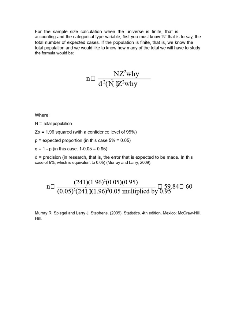 Finite Population Sample Size Calculation | PDF