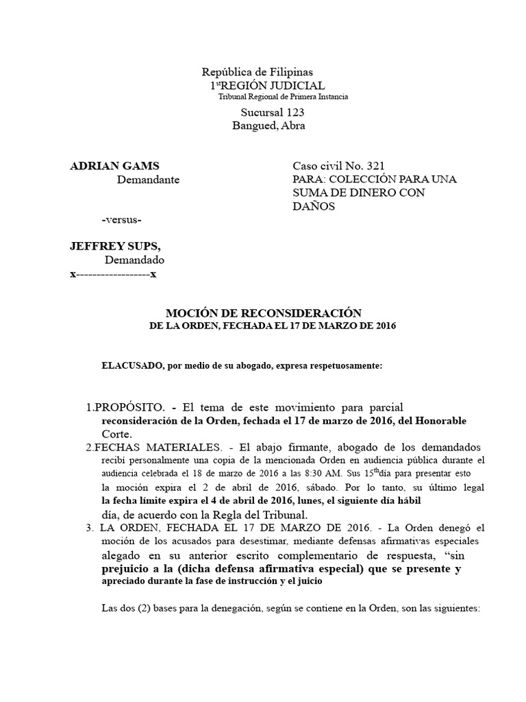 Moción de Reconsideración en Caso Civil | PDF | Caso de ley | Demanda ...
