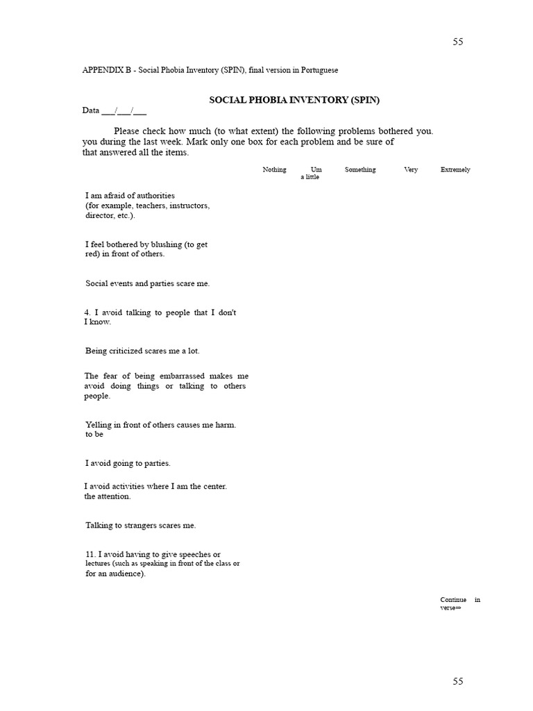 SPIN Questionnaire: Social Phobia Assessment | PDF | Social Anxiety ...
